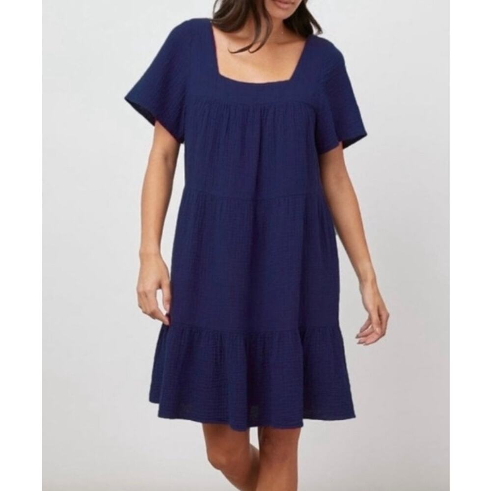 Rails Valentina Square Neck Navy Blue Cotton Gauze Tiered Ruffled Mini Dress XS